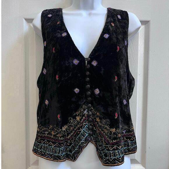 Vintage Together! Mixed Media Colorful Embroidered Detail Dark Boho Vest Small - Picture 1 of 14